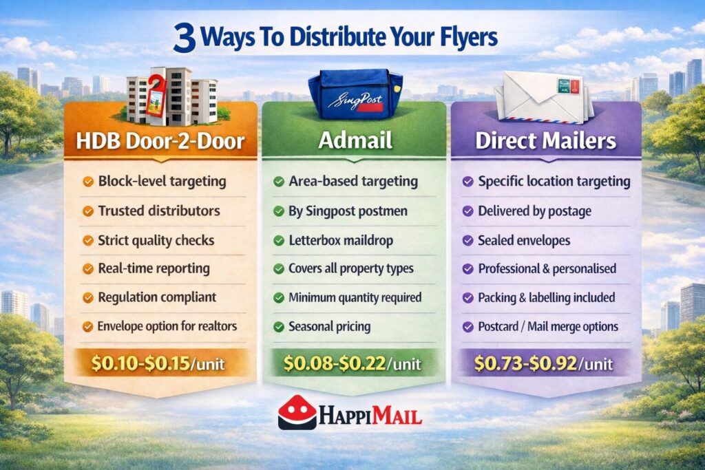 3 ways to distribute your flyers: HDB Door-2-Door, Admail, and Direct Mailers