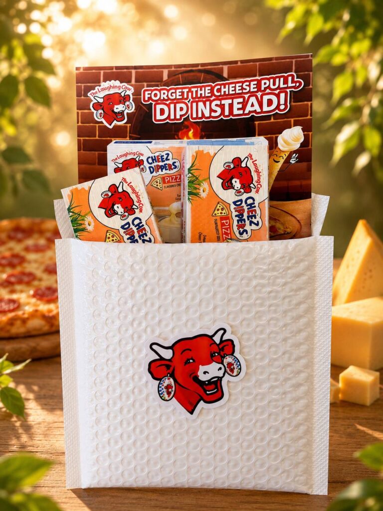 Sample product mailer package for a cheese dip sampling campaign