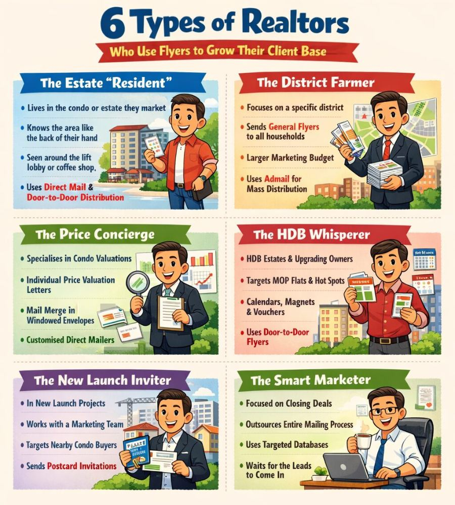 Infographic showing 6 types of realtors in Singapore who use flyers to grow their client base